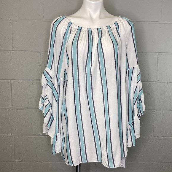NWT Fever Blue & White Striped Off Shoulder Top - Picture 3 of 7